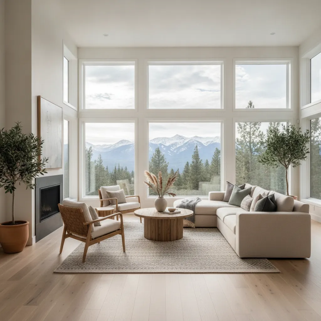 Bright modern Idaho living room with wide-plank white oak flooring